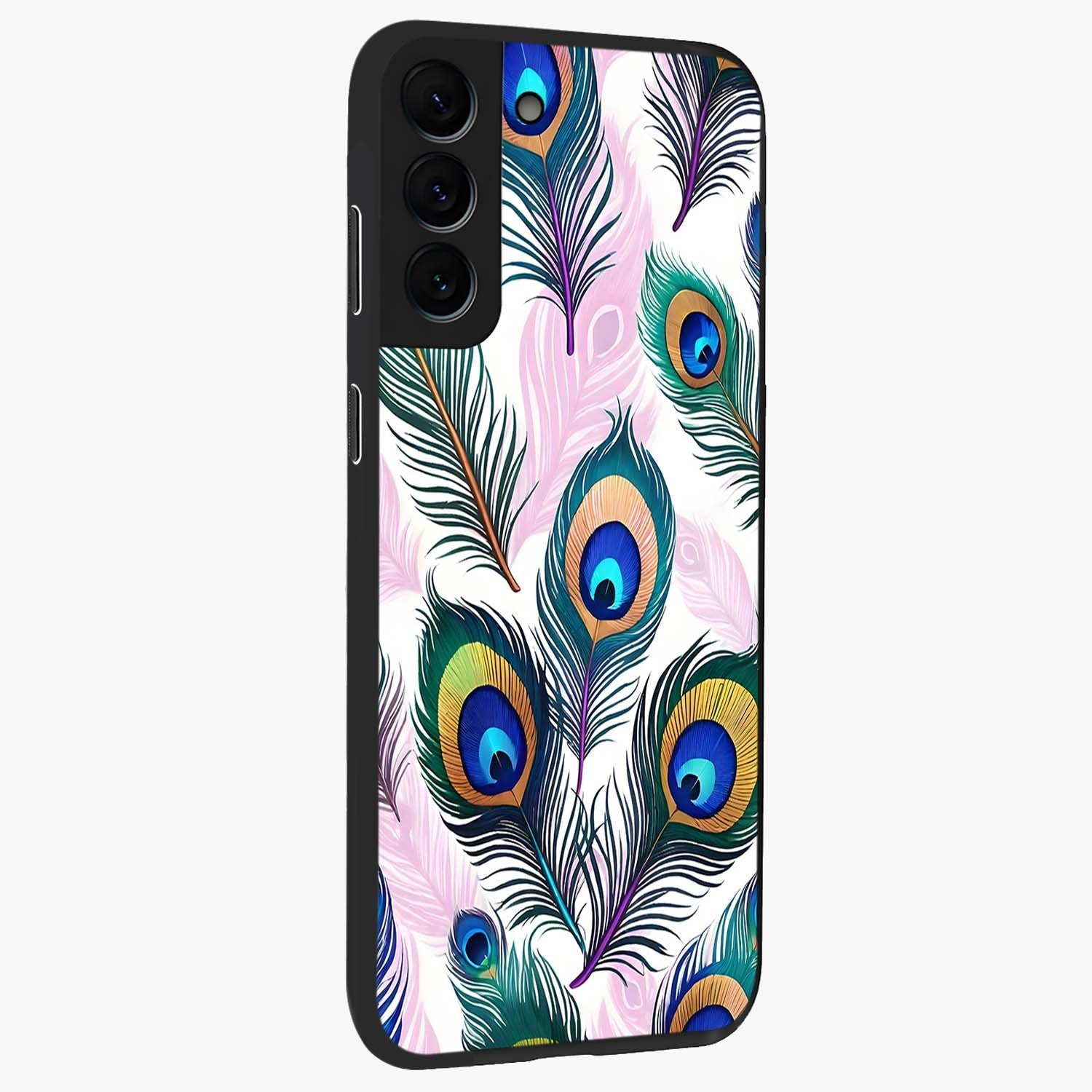 Royal Peacock Feathers Glass Case upright view showcasing elegant peacock feather artwork with decorative royal theme.