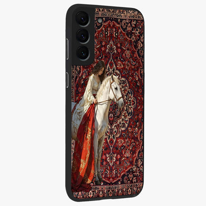 Royal Rider Tapestry Glass Case upright view showcasing detailed rider artwork with classic tapestry theme.
