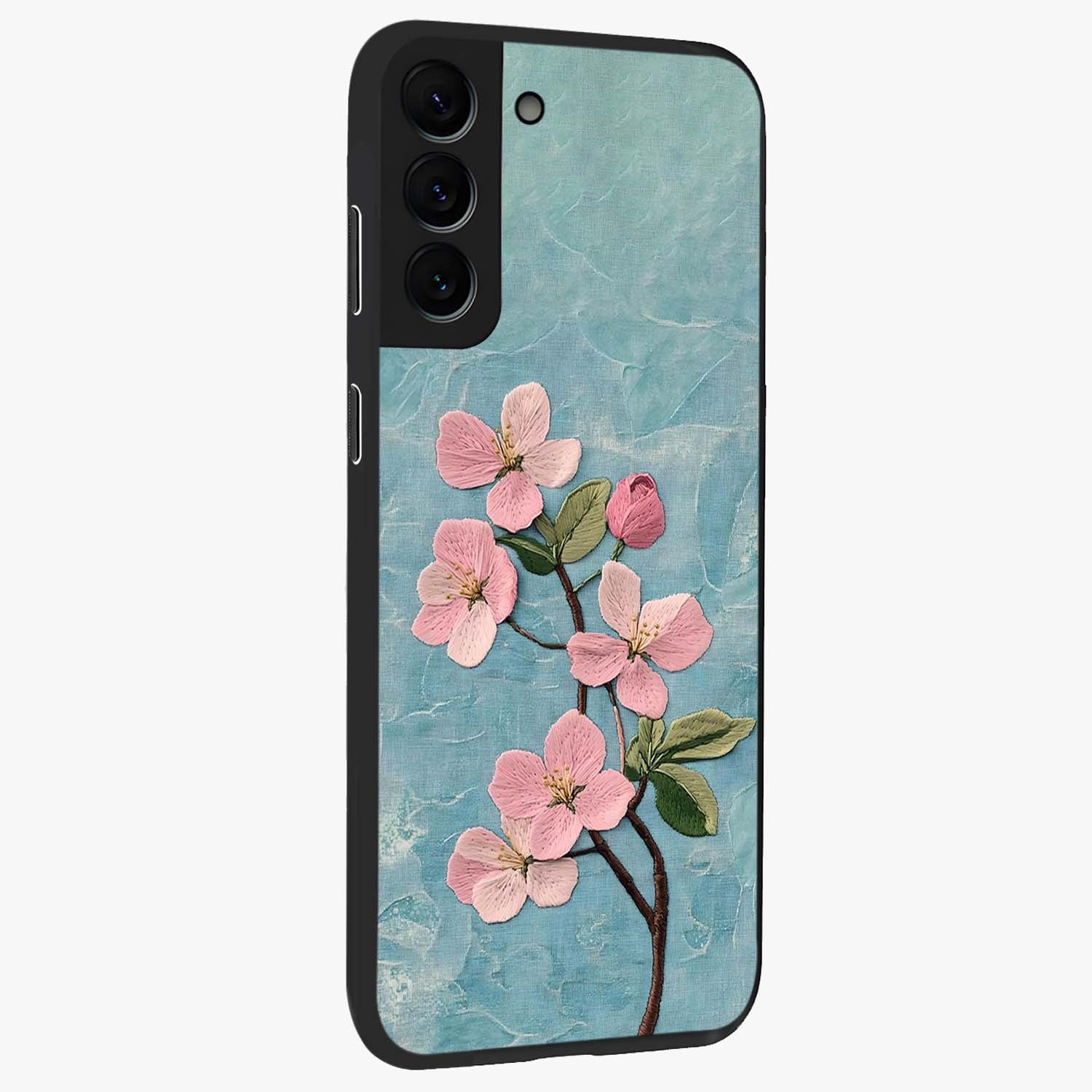 Threaded Blossom Breeze Glass Case upright view showcasing graceful flower artwork with calm botanical theme.