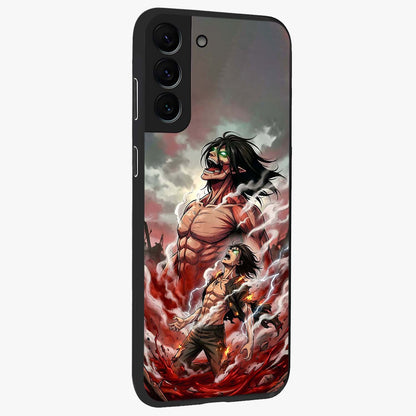 Titan Awakening Fury Glass Case upright view showcasing intense titan artwork with epic fantasy theme.
