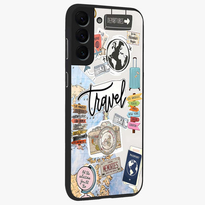 Wanderlust Journal Glass Case upright view showcasing wanderlust inspired artwork with creative exploration theme.