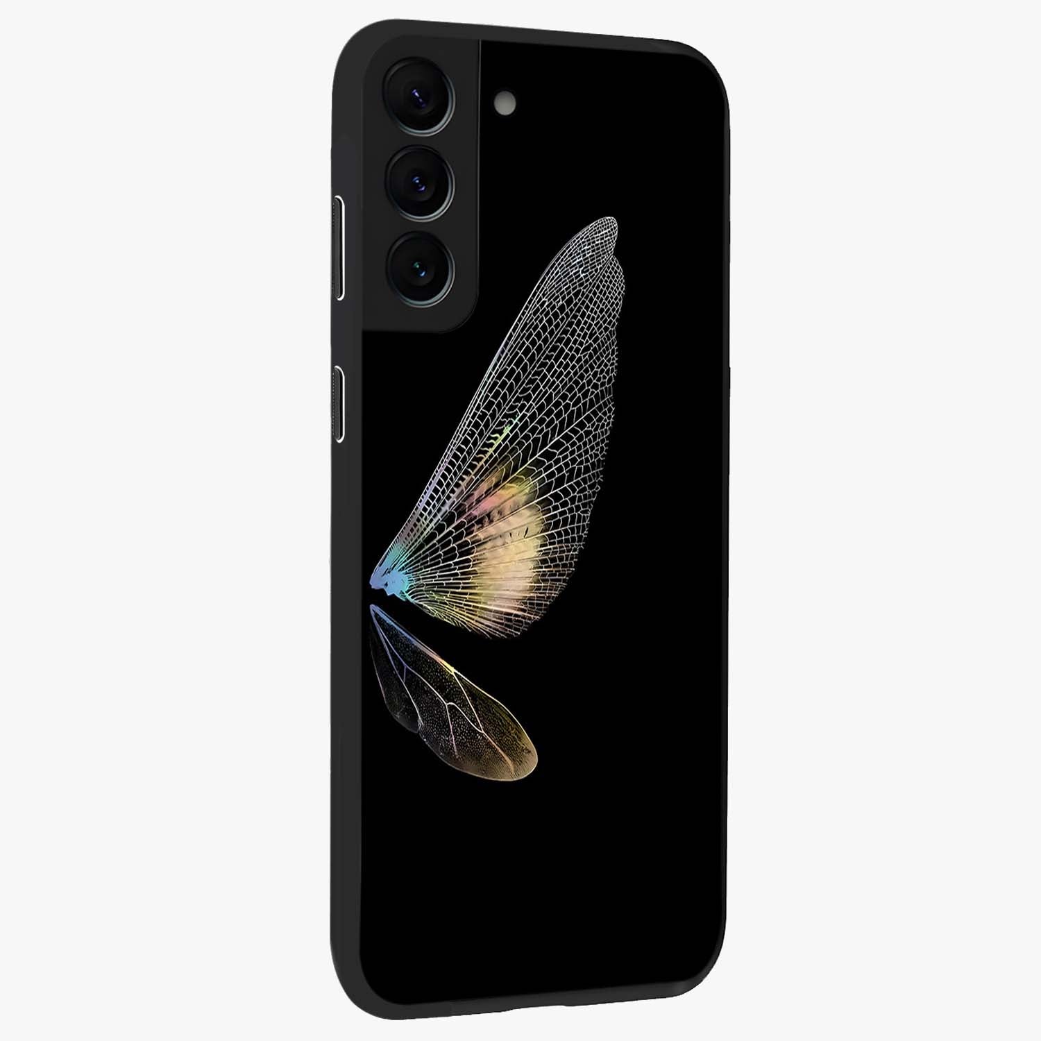 Whispers Of Wings Glass Case upright view showcasing elegant wing artwork with light airy theme.