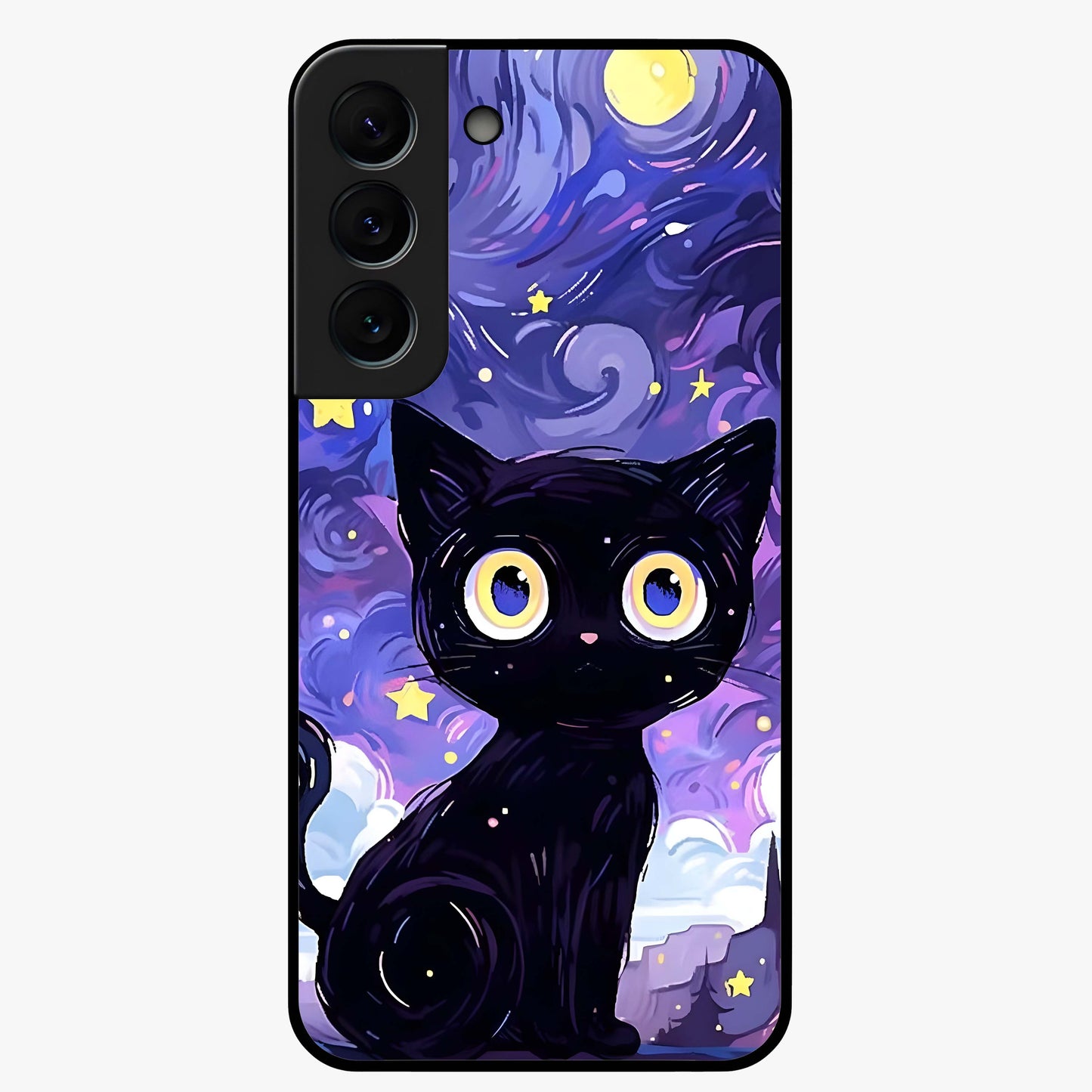 Abstract Cat Art Glass Case showing flat back view with artistic cat illustration and glossy glass finish.