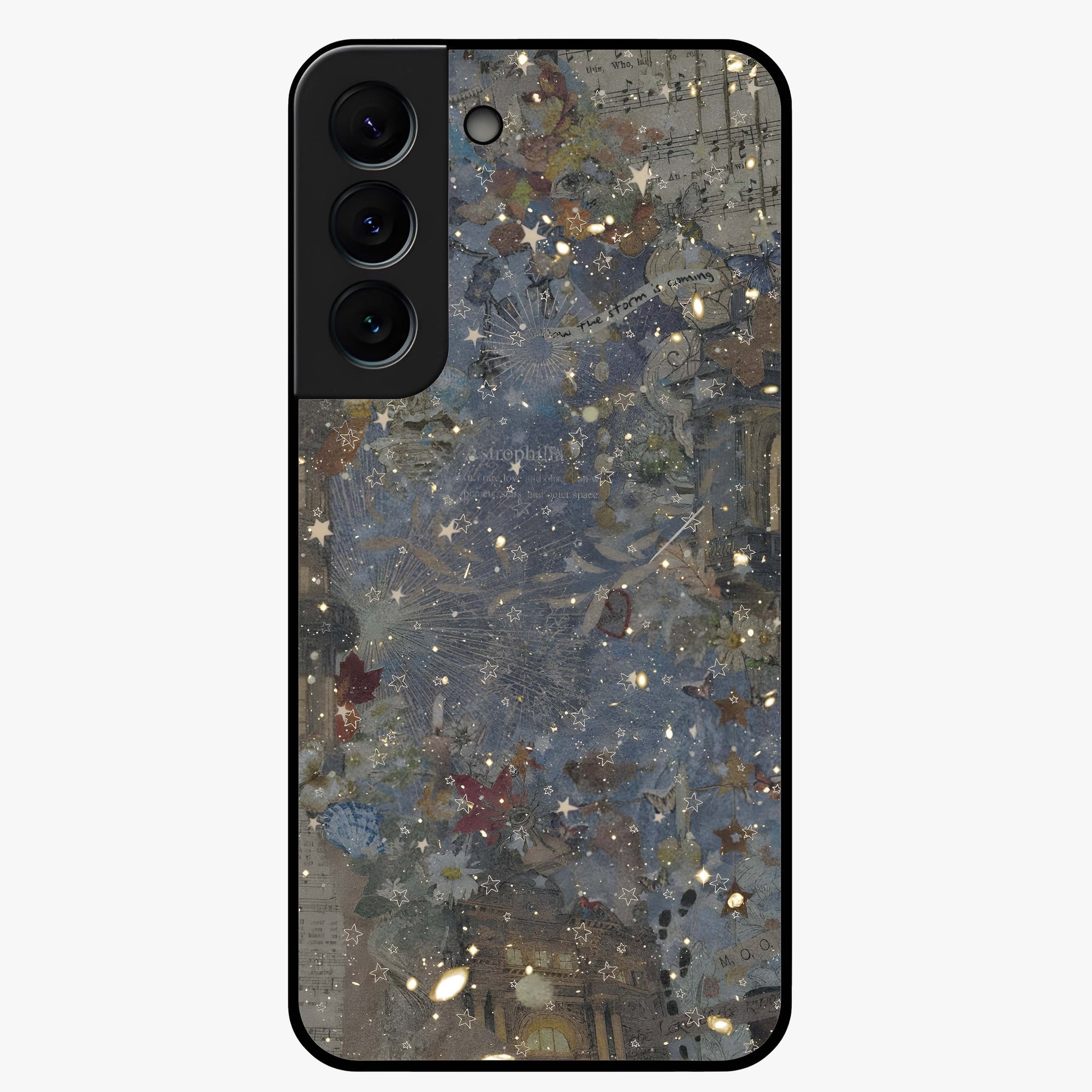 Aesthetic Astrolophia Glass Case showing flat back view with dreamy aesthetic design and glossy glass finish.