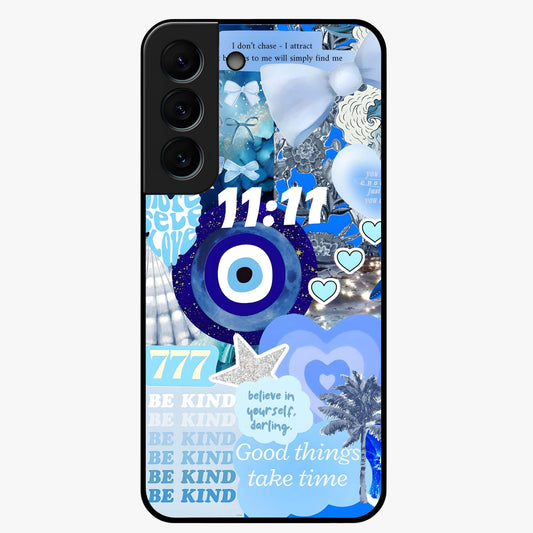 Aesthetic Be Kind Eye Glass Case showing flat back view with motivational eye artwork and glossy glass finish.