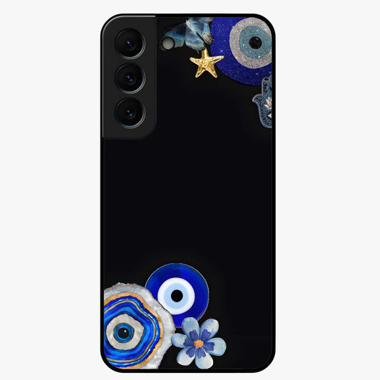 Aesthetic Blue Evil Eye Glass Case showing flat back view with protective evil eye artwork and glossy glass finish.