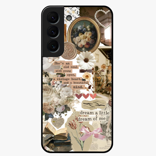 Aesthetic Brown Vintage Collage Glass Case showing flat back view with retro collage artwork and glossy glass finish.
