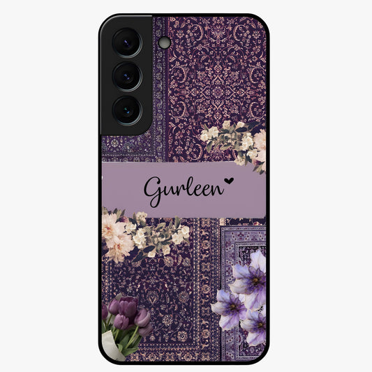 Antique Floral Whisper Custom Name Glass Case showing flat back view with vintage floral artwork and personalized name design.