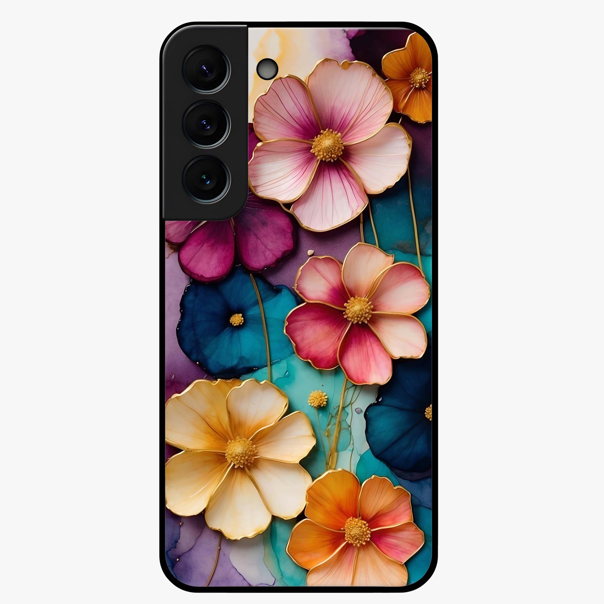 Artlyn Grace Flower Pattern Glass Case showing flat back view with elegant floral pattern artwork and glossy glass finish.