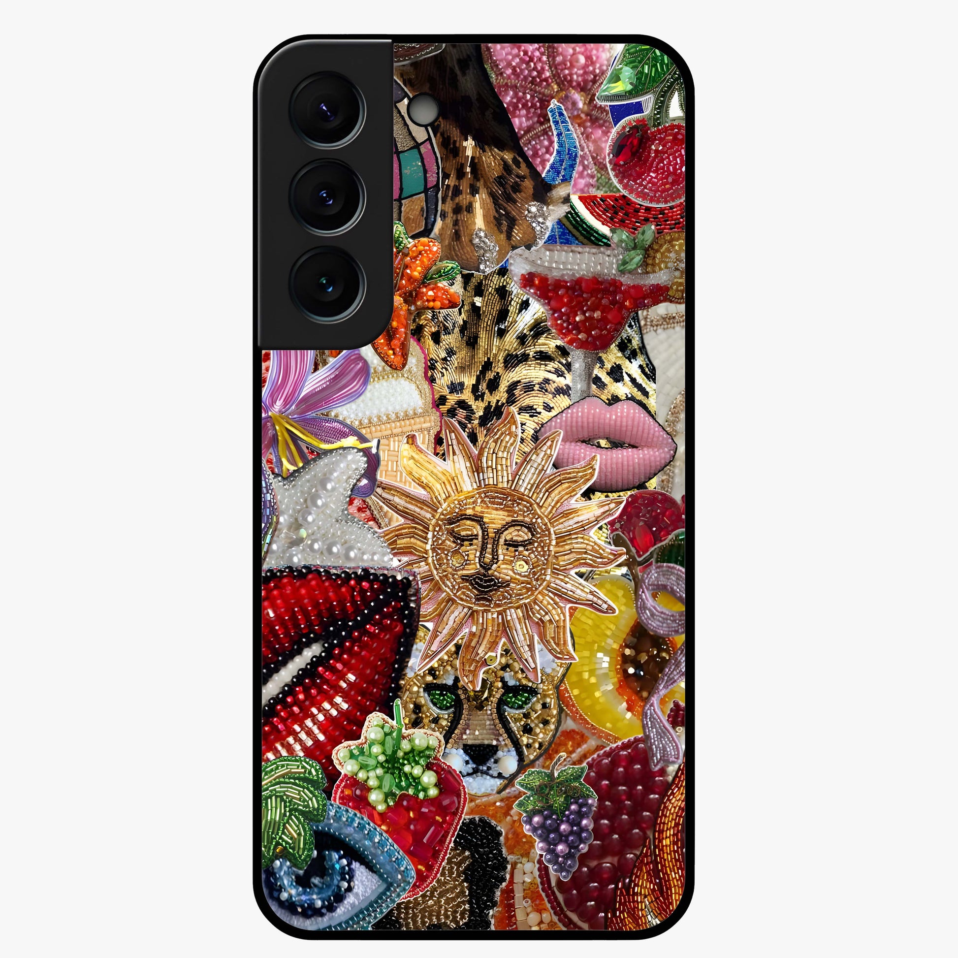 Beaded Fashion Jungle Glass Case showing flat back view with vibrant jungle inspired bead artwork and glossy glass finish.