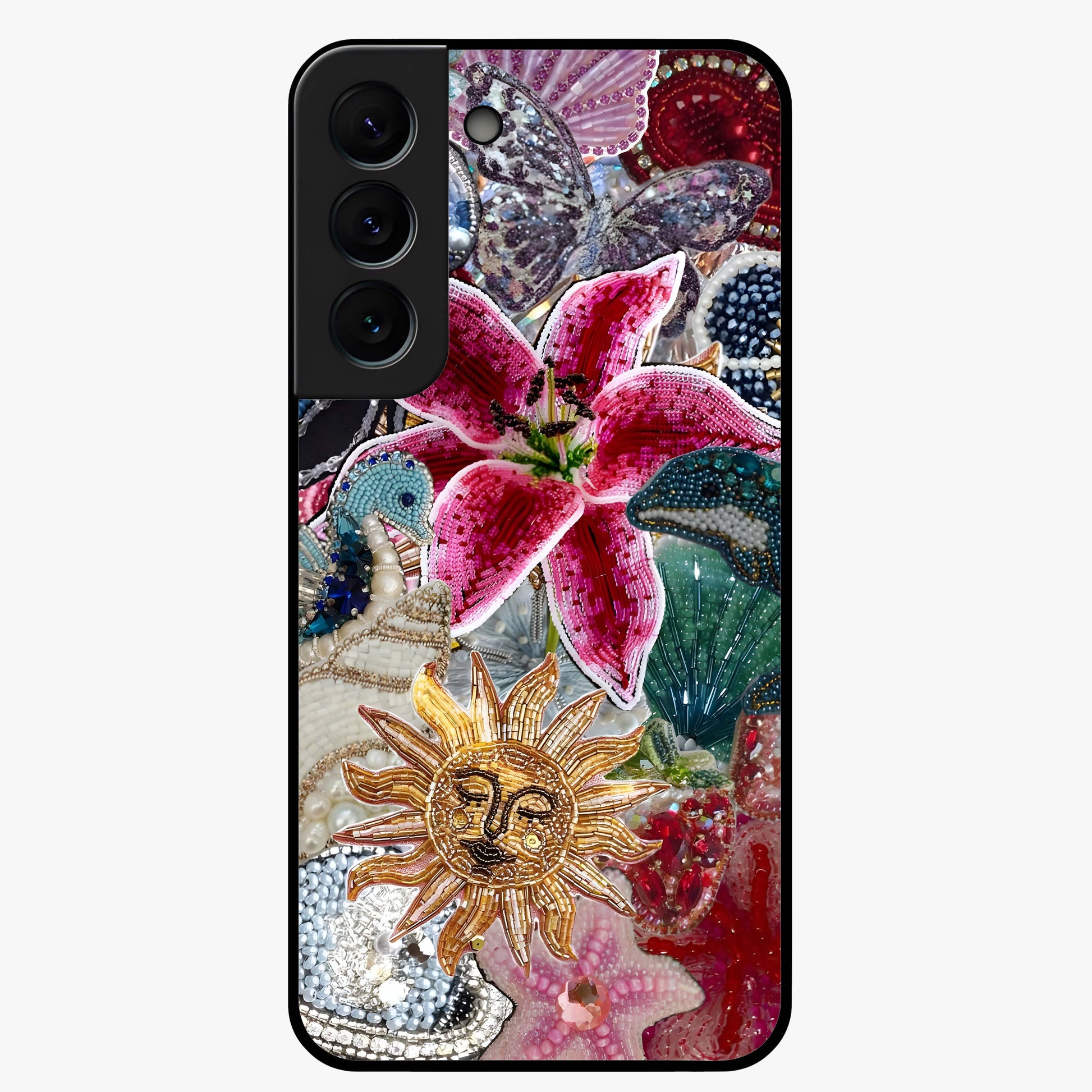 Beaded Garden Fantasy Glass Case showing flat back view with dreamy garden bead artwork and glossy glass finish.