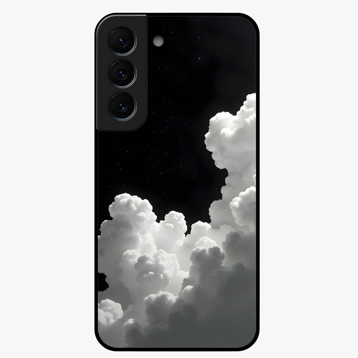 Black Background With White Cloud Glass Case showing flat back view with minimal cloud artwork on dark background and glossy glass finish.
