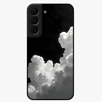 Black Background With White Cloud Glass Case showing flat back view with minimal cloud artwork on dark background and glossy glass finish.