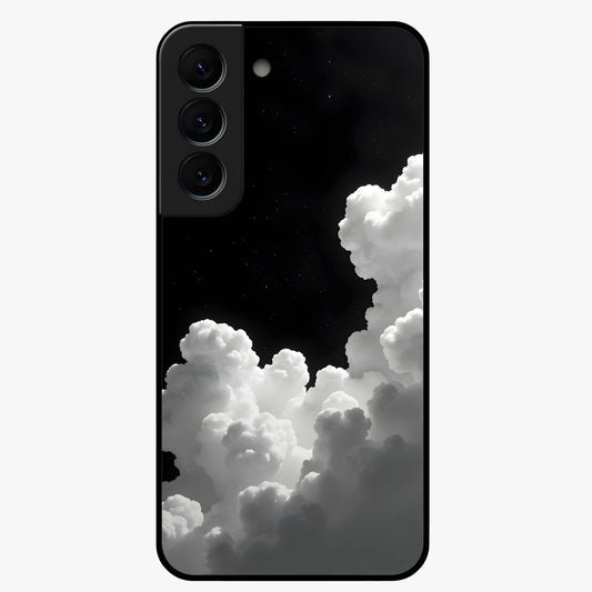 Black Background With White Cloud Glass Case showing flat back view with minimal cloud artwork on dark background and glossy glass finish.