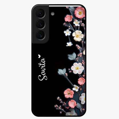 Black Elegance Floral Custom Name Glass Case showing flat back view with elegant floral artwork and personalized name design.
