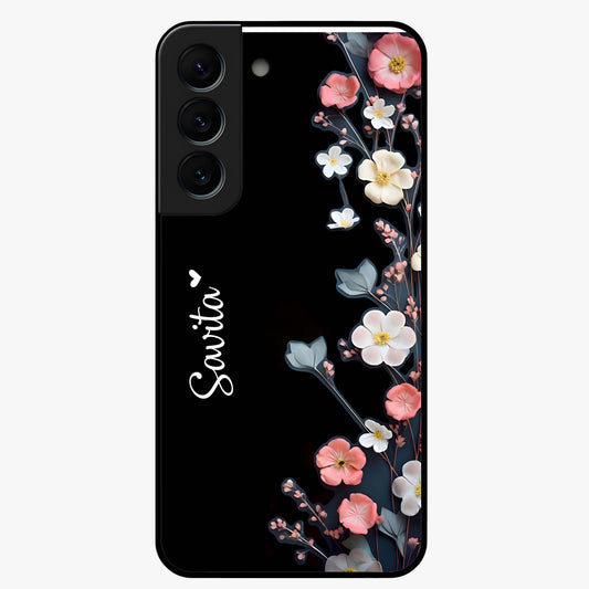 Black Elegance Floral Custom Name Glass Case showing flat back view with elegant floral artwork and personalized name design.