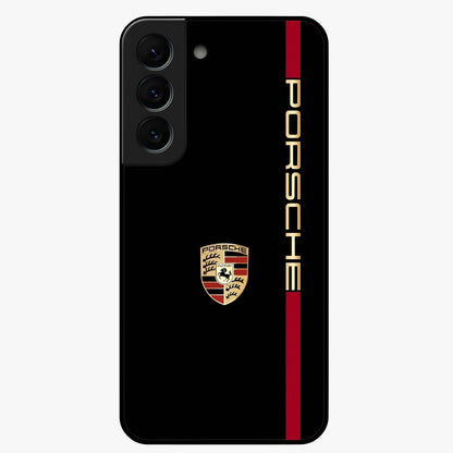 Black Minimal Porsche Glass Case showing flat back view with sleek minimal sports car artwork and glossy glass finish.