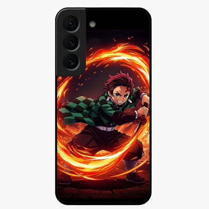 Blazing Sword Resolve Glass Case showing flat back view with fiery sword artwork and glossy glass finish.