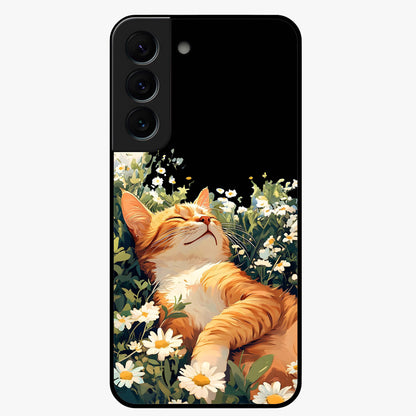 Blissful Bloom Cat Glass Case showing flat back view with cute cat and floral bloom artwork and glossy glass finish.