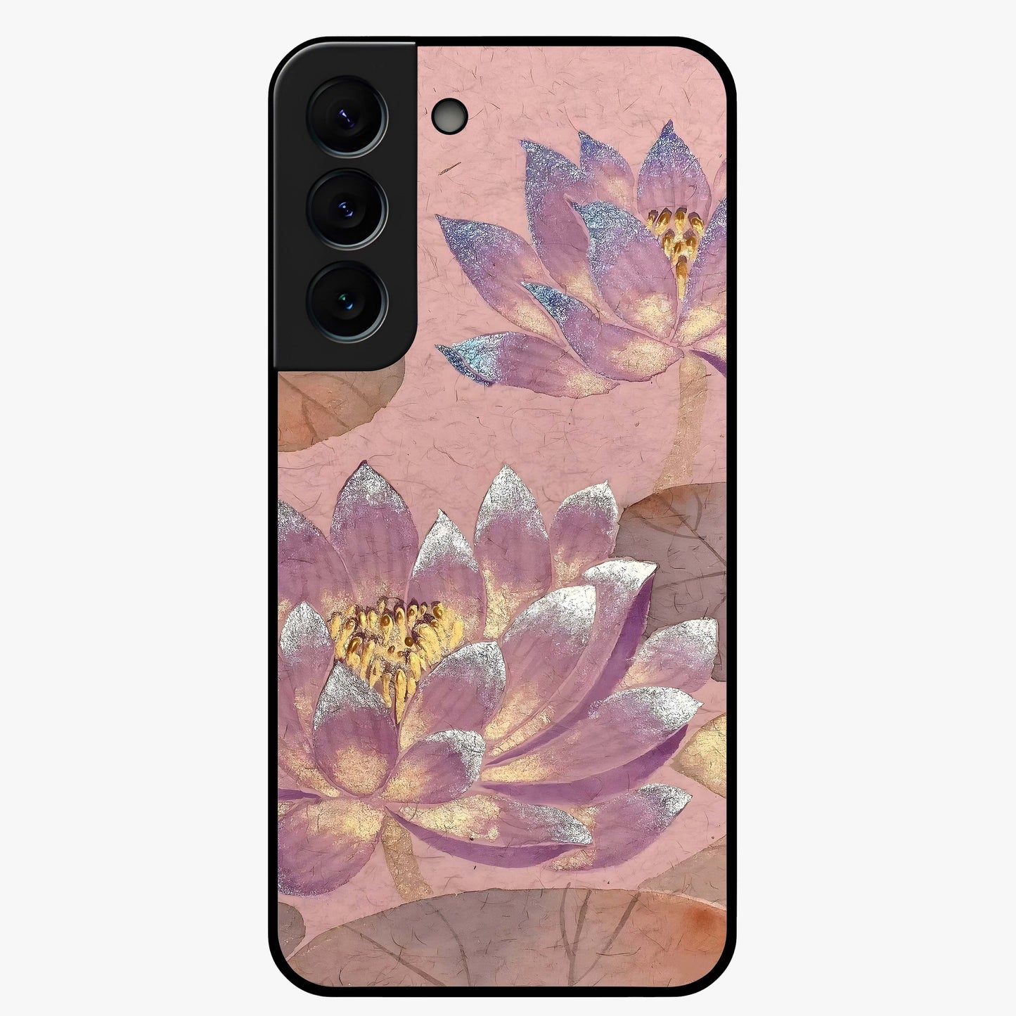 Blossom Mist Lotus Glass Case showing flat back view with serene lotus blossom artwork and glossy glass finish.