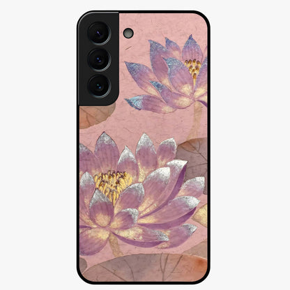 Blossom Mist Lotus Glass Case showing flat back view with serene lotus blossom artwork and glossy glass finish.