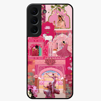 Blossoms of Rajasthan Glass Case showing flat back view with traditional floral artwork inspired by Rajasthan and glossy glass finish.