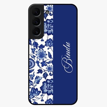 Blue Vintage Floral Pattern Glass Case upright view showcasing timeless floral illustration with vintage inspired style.