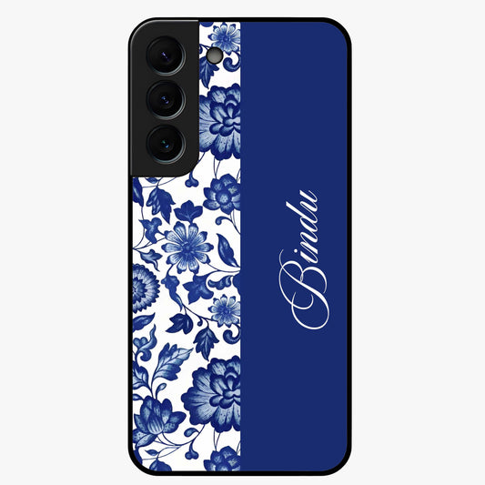 Blue Vintage Floral Pattern Glass Case upright view showcasing timeless floral illustration with vintage inspired style.