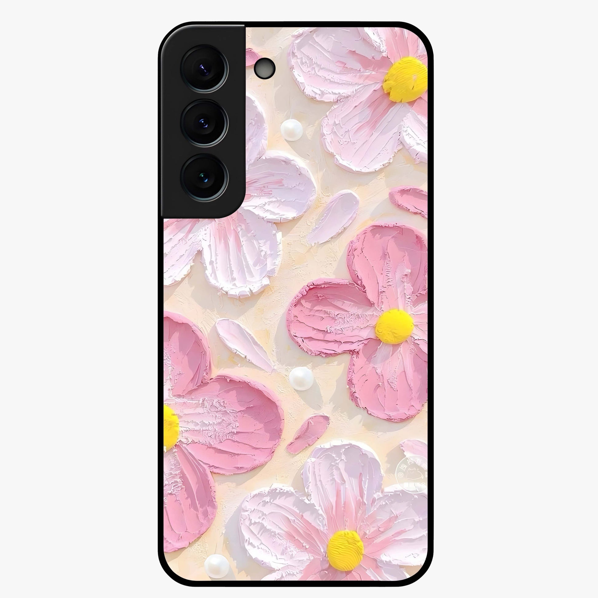 Blush Bloom Texture Glass Case showing flat back view with soft blush floral texture artwork and glossy glass finish.