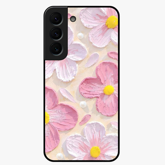 Blush Bloom Texture Glass Case showing flat back view with soft blush floral texture artwork and glossy glass finish.