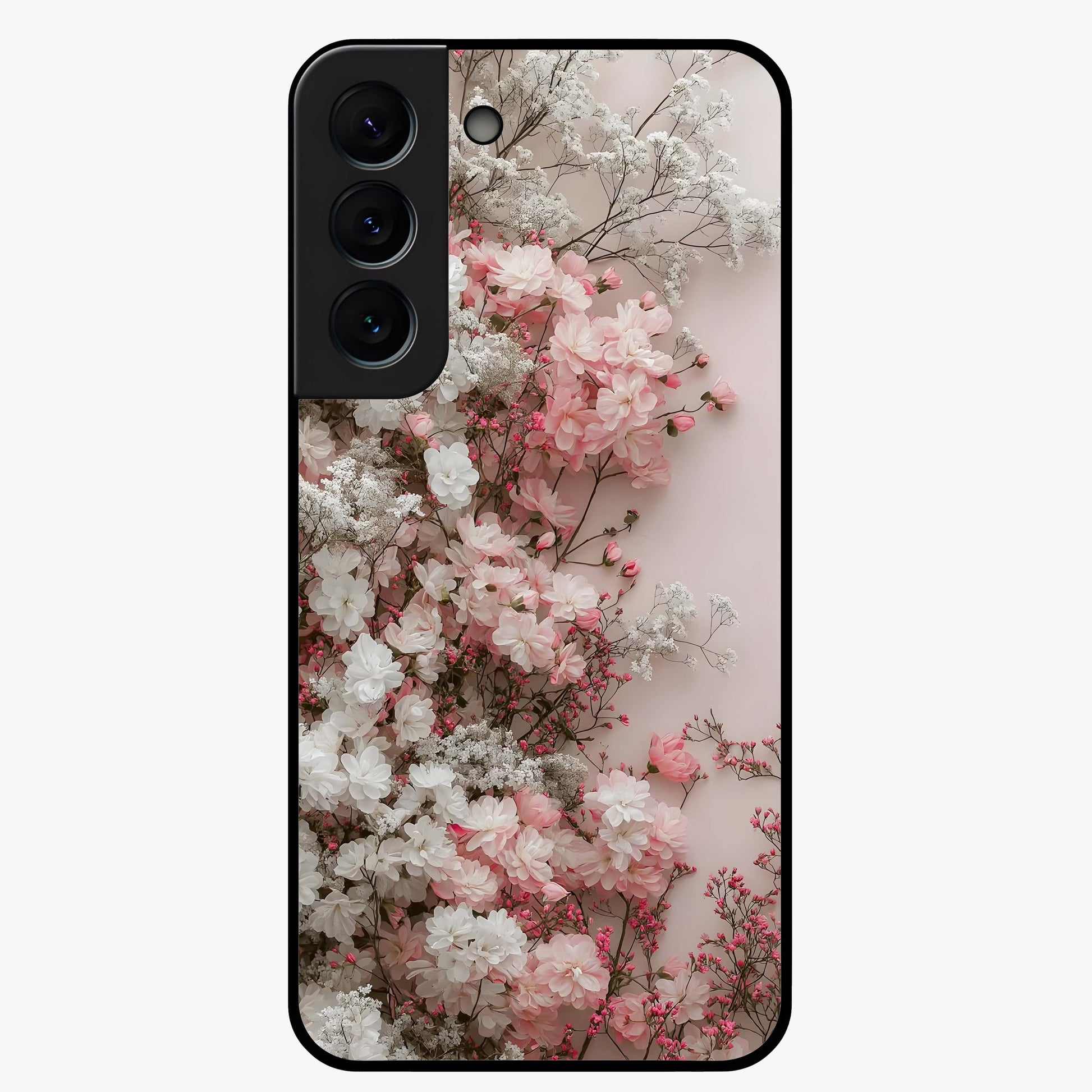 Blush Blossom Cloud Glass Case showing flat back view with dreamy blush cloud blossom artwork and glossy glass finish.
