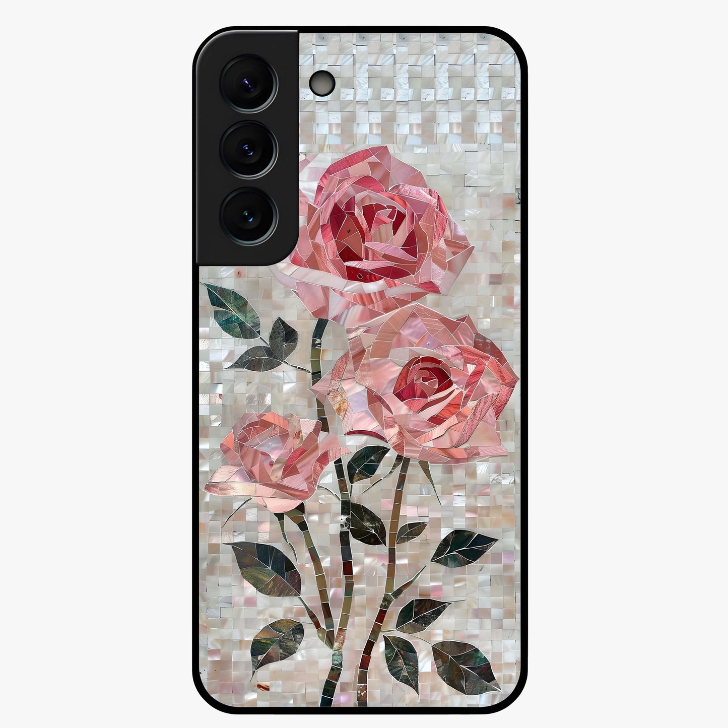 Blush Mosaic Bloom Glass Case showing flat back view with mosaic floral bloom artwork and glossy glass finish.