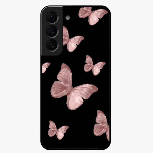 Butterfly Pattern Glass Case showing flat back view with elegant butterfly pattern artwork and glossy glass finish.