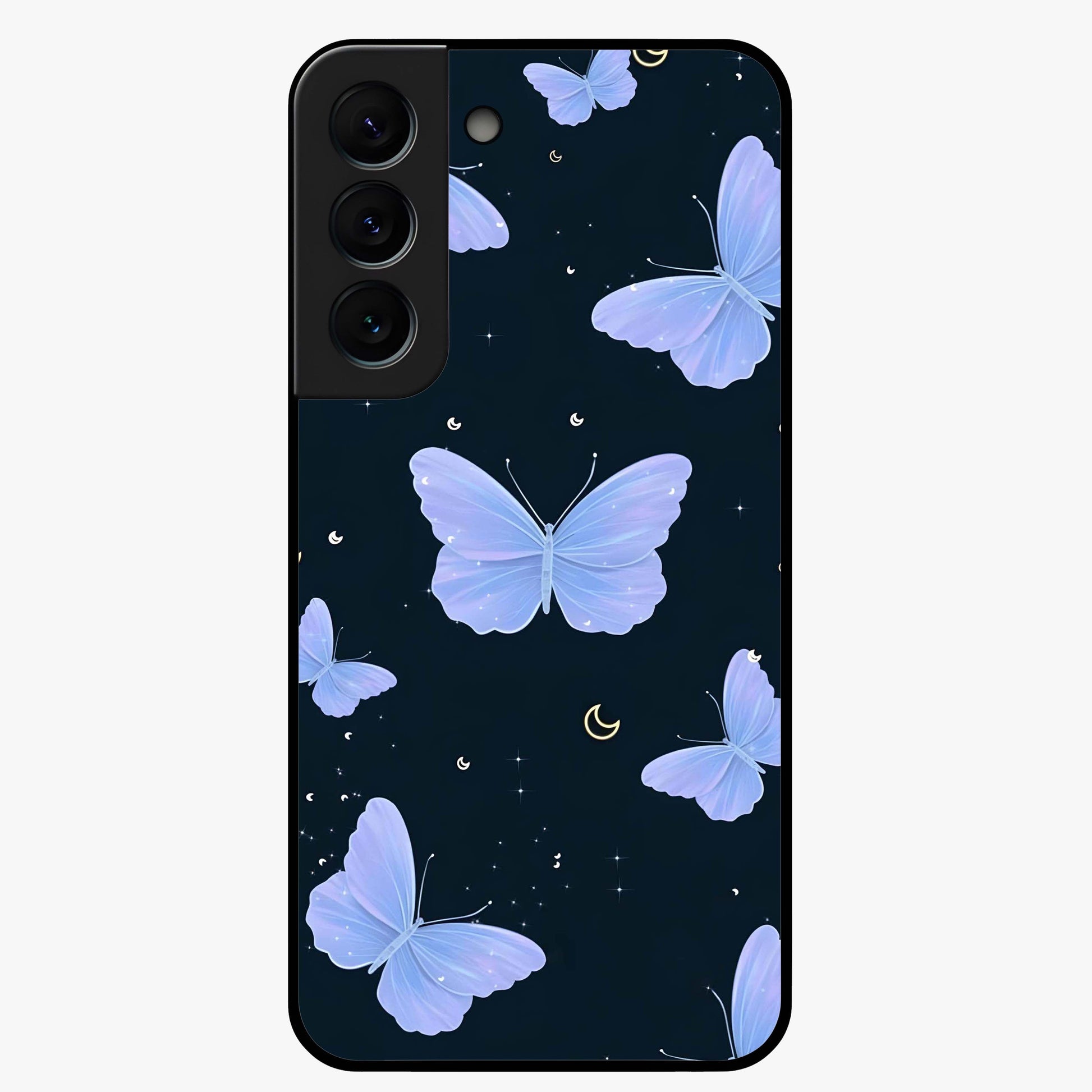 Butterfly With Stars Pattern Glass Case showing flat back view with butterfly and star pattern artwork and glossy glass finish.