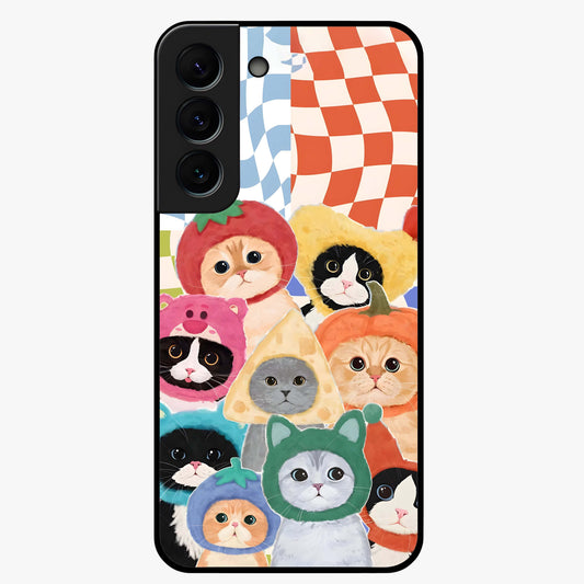 Cats in Fruits Glass Case showing flat back view with playful cat illustrations inside fruit artwork and glossy glass finish.