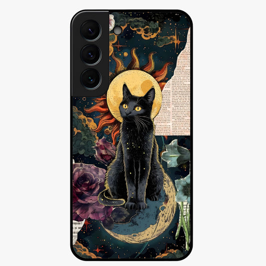 Celestial Black Cat Glass Case showing flat back view with mystical black cat artwork and glossy glass finish.