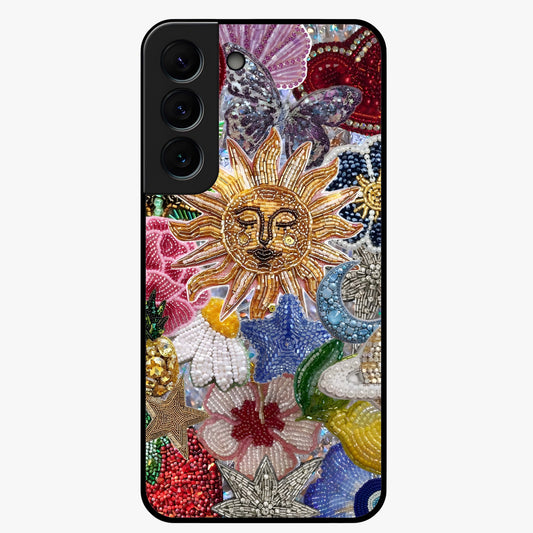 Celestial Floral and Playful Glass Case showing flat back view with floral and celestial themed artwork and glossy glass finish.