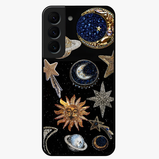 Celestial Gem Constellations Glass Case showing flat back view with sparkling constellation artwork and glossy glass finish.