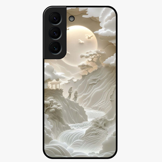 Celestial Origami Glass Case showing flat back view with artistic origami inspired celestial artwork and glossy glass finish.