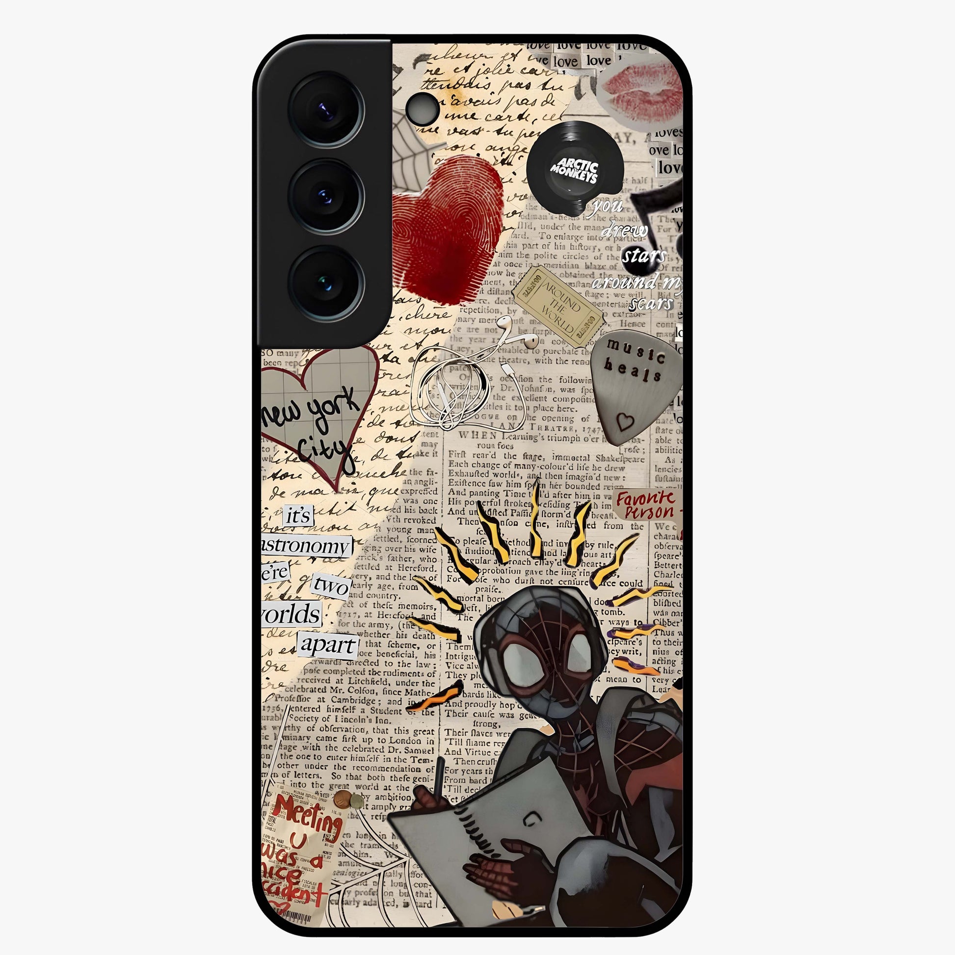 City Dream Sketch Glass Case showing flat back view with artistic city skyline sketch artwork and glossy glass finish.