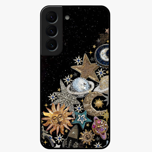 Cosmic Sparkle Dreams Glass Case showing flat back view with sparkling cosmic artwork and glossy glass finish.
