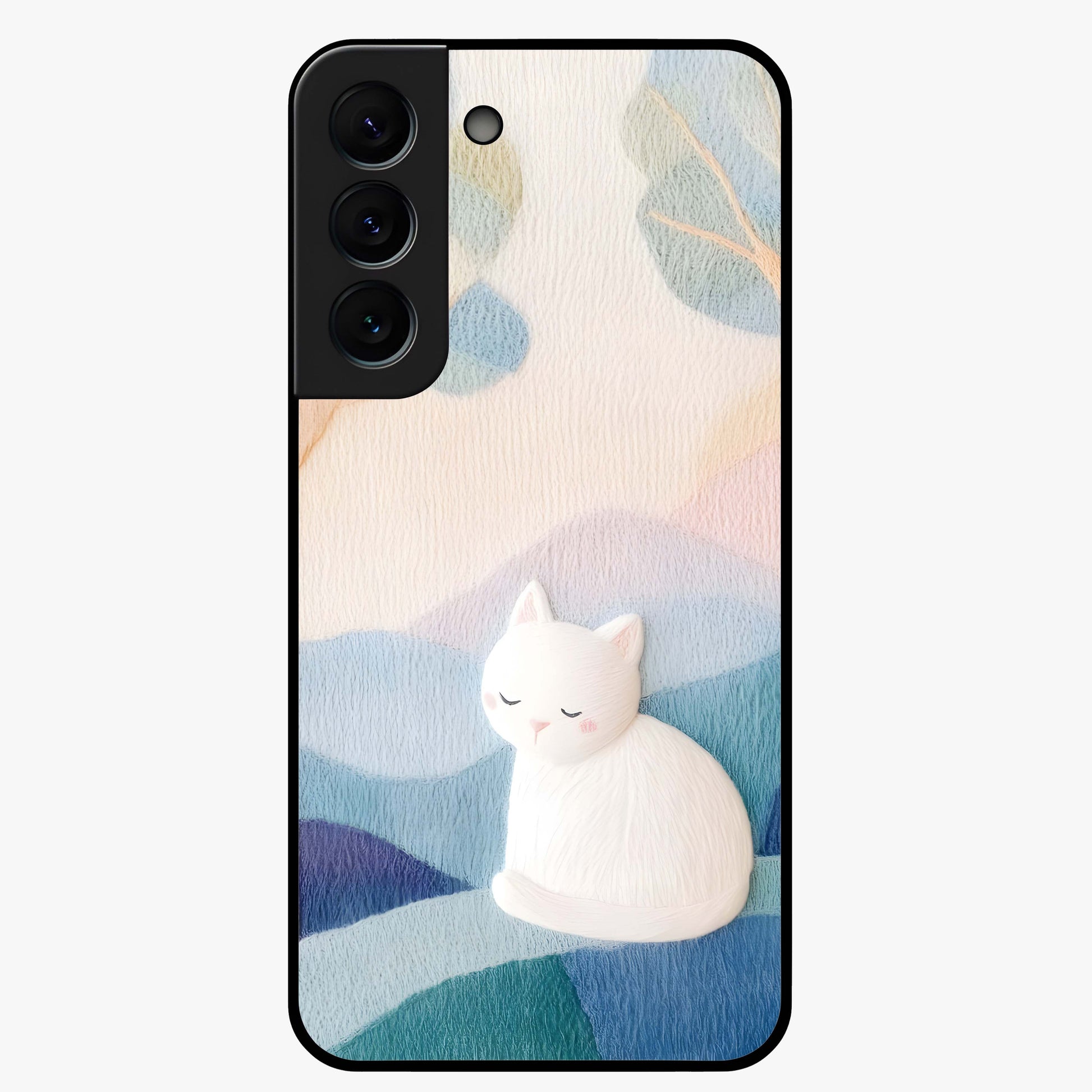 Cotton Dream Cat Glass Case showing flat back view with soft dreamy cat artwork and glossy glass finish.