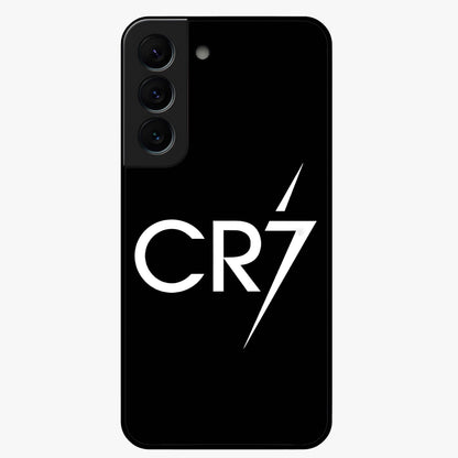 Cr7 Elite Strike Glass Case showing flat back view with dynamic football inspired artwork and glossy glass finish.