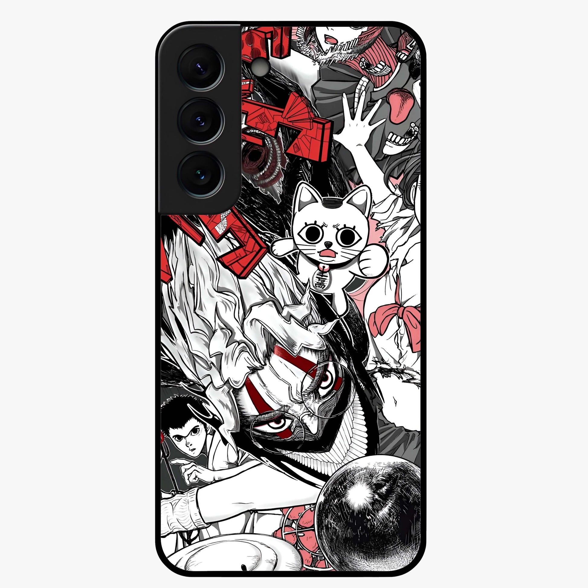 Crimson Chaos Panel Glass Case showing flat back view with bold crimson abstract artwork and glossy glass finish.