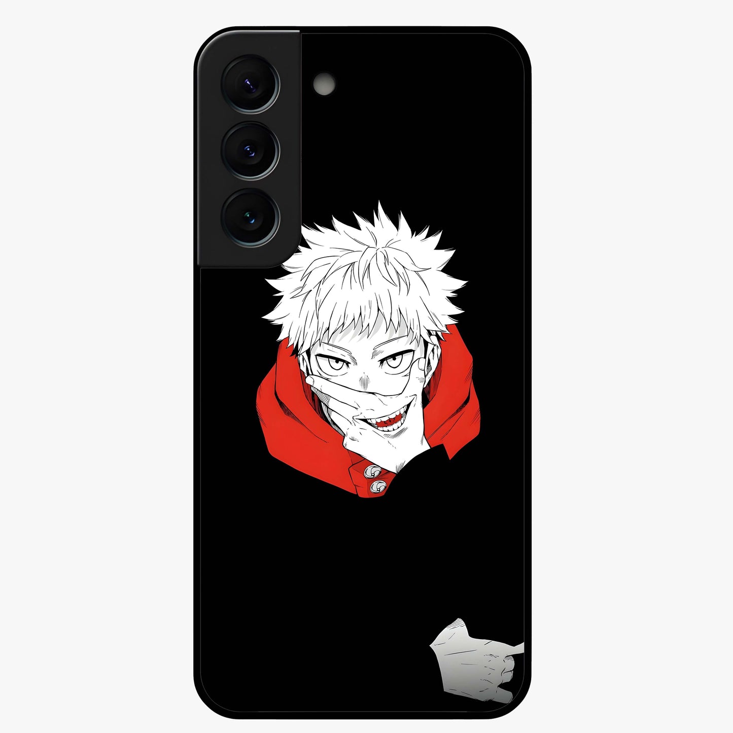 Crimson Chaos Smile Glass Case showing flat back view with bold chaotic smile artwork and glossy glass finish.