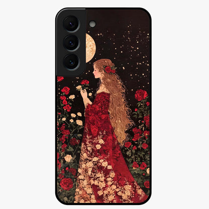 Crimson Dreams Glass Case showing flat back view with dreamy crimson artwork and glossy glass finish.