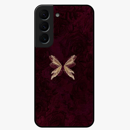 Crimson Fade Butterfly Glass Case showing flat back view with fading butterfly artwork and glossy glass finish.