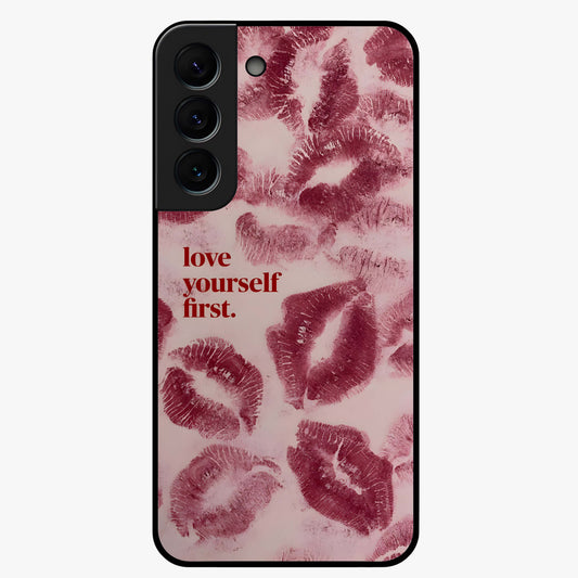 Crimson Kiss Love Glass Case showing flat back view with romantic crimson themed artwork and glossy glass finish.