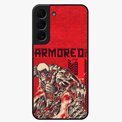 Crimson Mecha Titan Glass Case showing flat back view with powerful mech titan artwork and glossy glass finish.