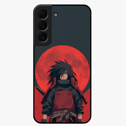 Crimson Moon Warlord Glass Case showing flat back view with mystical moon warrior artwork and glossy glass finish.
